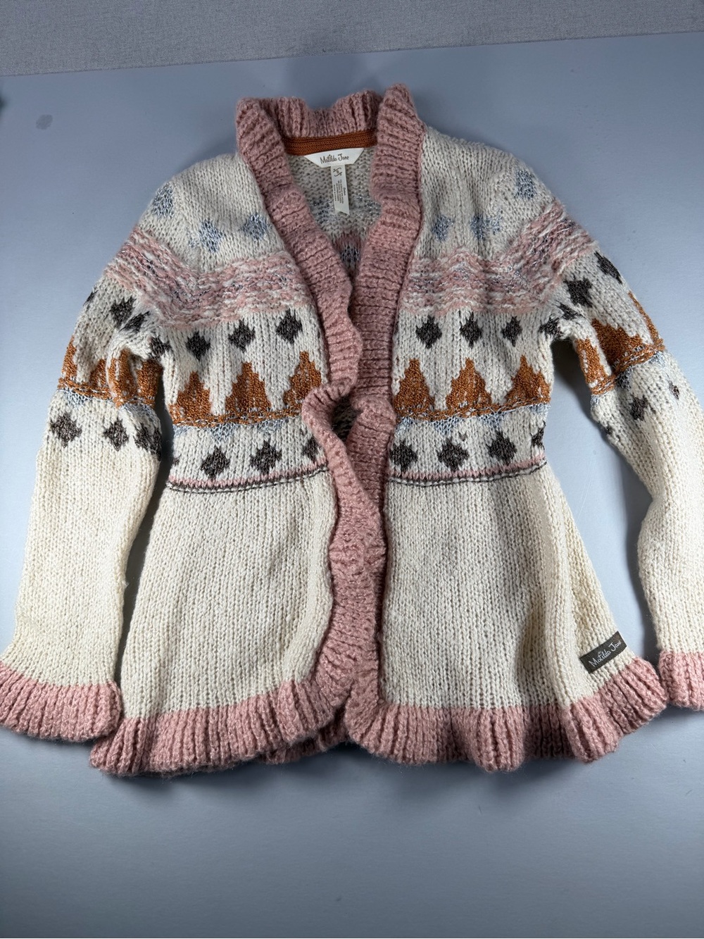 Matilda Jane Stephanie Cream Cardigan with Pink Trim and Brown Motif